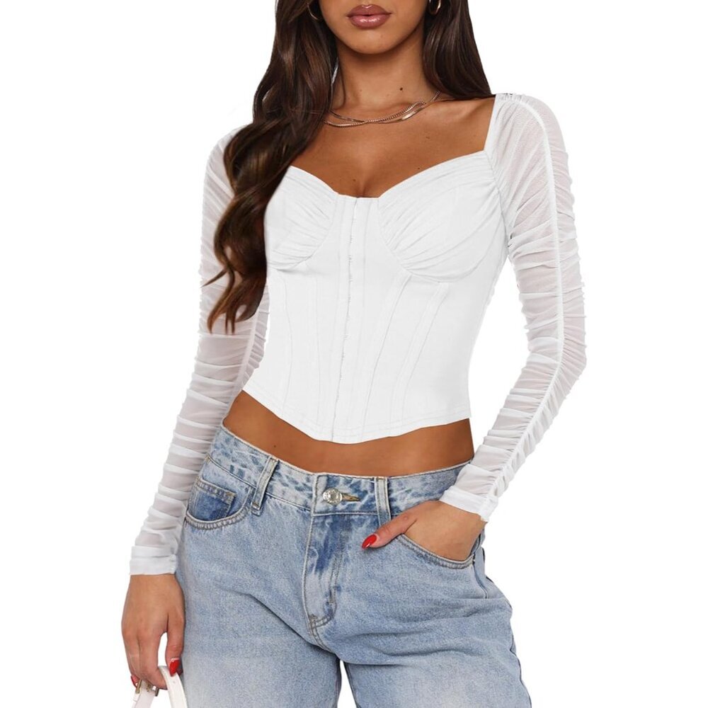 Women's Sheer Mesh Long Sleeve Crop Top Sweetheart Neckline For Going Out
